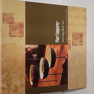 Pier 1 Imports Serving Dish Set: 3 Stoneware Dishes + Wrought Iron Stand